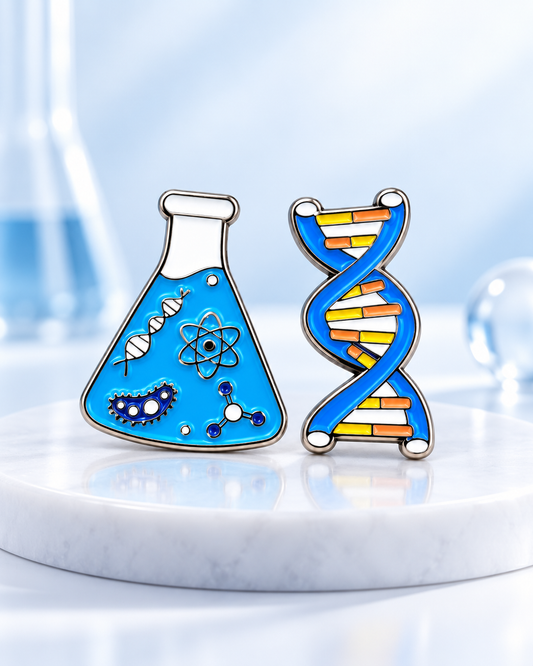 DNA & Flask Metal Brooch Set